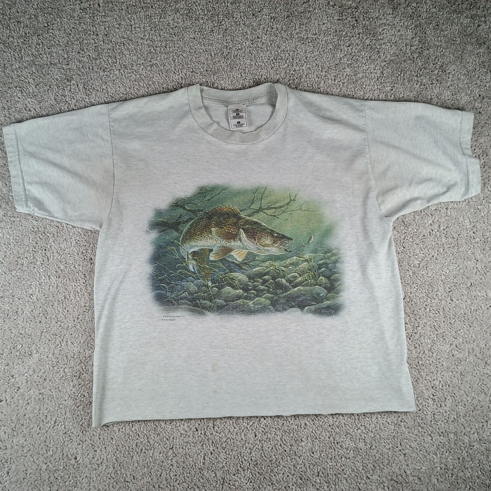 Vtg 90s Terry Doughty Walleye Fishing Graphic Tee L Fruit of the Loom Cut Bottom